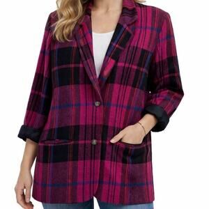 Vintage Private Eye Plaid Blazer Small Wool Blend Pink Black Oversized Retro